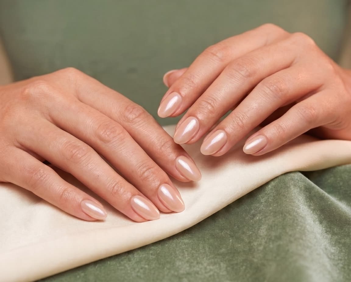 Glazed nude gel nails finished by hand at VA Nails