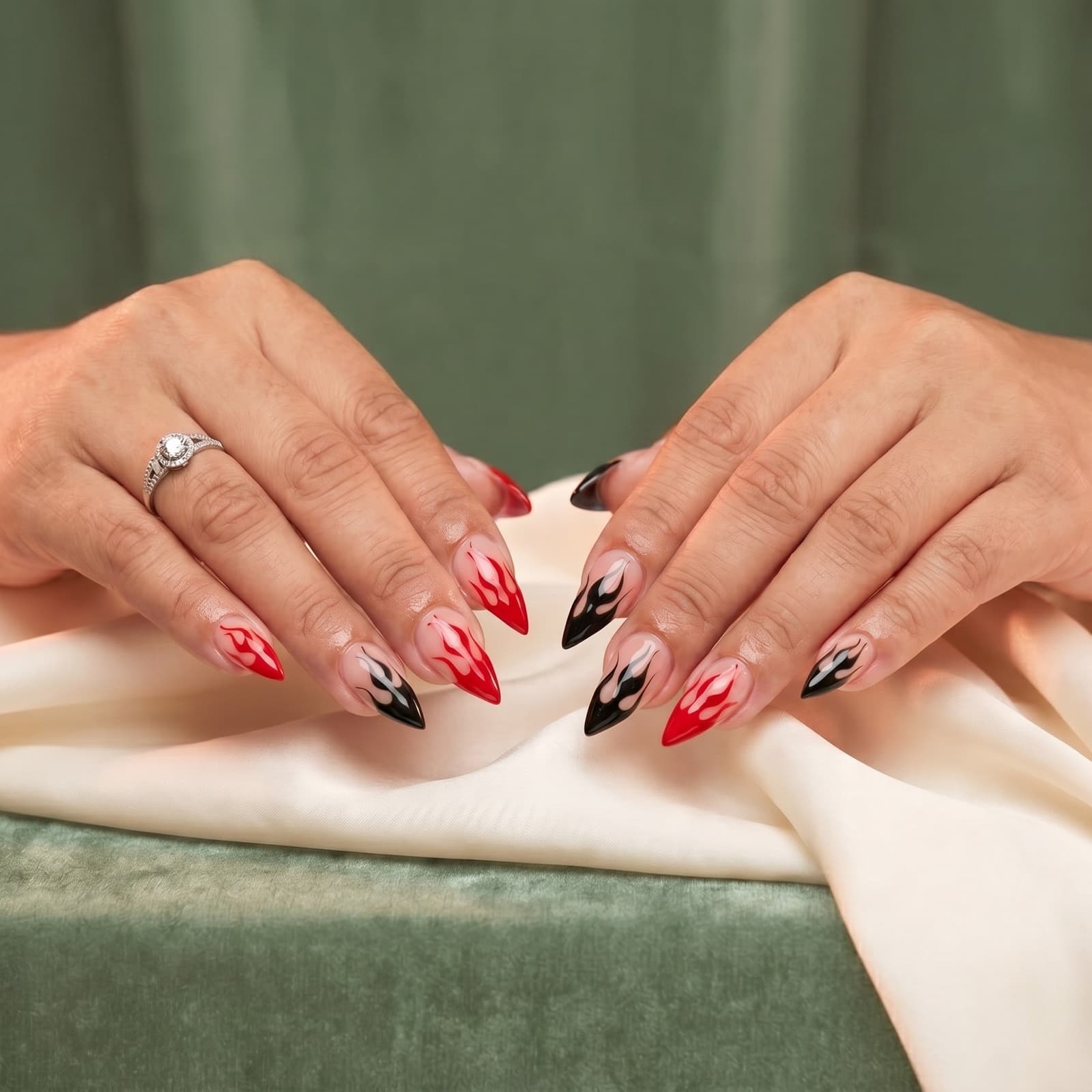 Red and black flame stiletto nails